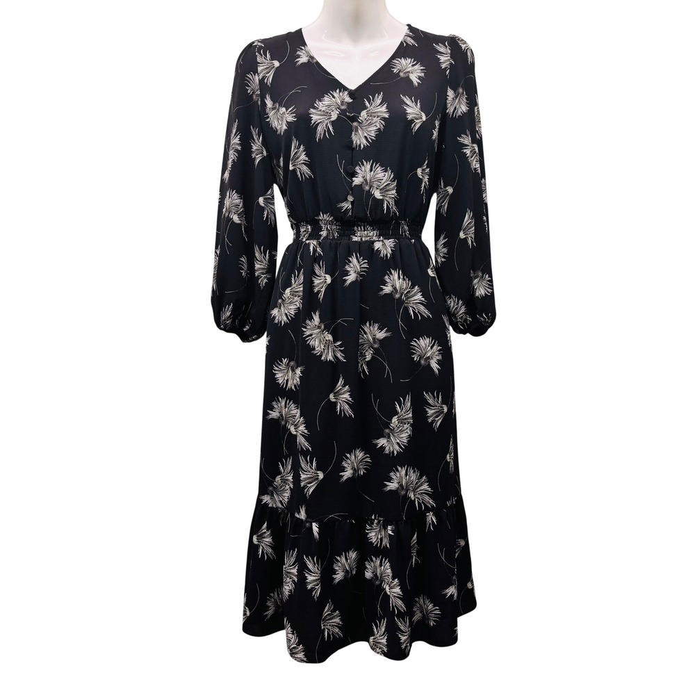 NWT Talbots Petite Black White Floral Smocked Midi Dress 2P 56940886